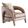 Modern Brown Leather Leisure Chair with Curved Armrests and Patterned Cushion