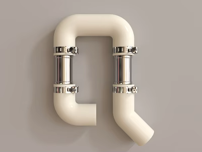 White Curved Pipe with Two Silver Fittings Mounted on Gray Wall 3d model