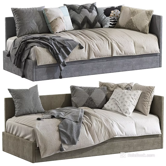 Upholstered Kids Bed With Soft Pillows Cozy Blanket And Neutral Tones 3d model 