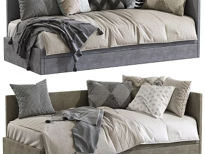 Upholstered Kids Bed With Soft Pillows Cozy Blanket And Neutral Tones 3d model