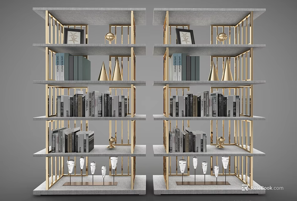Symmetric Grey and Gold Decorative Cabinet with Multiple Shelves Books Photo Frames and Decorative Items 3d model 