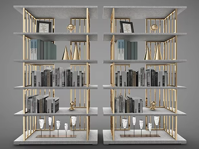 Symmetric Grey and Gold Decorative Cabinet with Multiple Shelves Books Photo Frames and Decorative Items 3d model