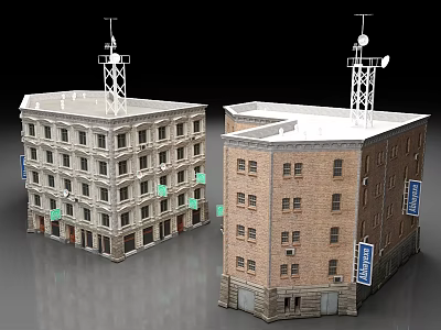 European Style Multi Story Buildings With Stone Brick Exteriors Flat Roofs And Antenna Towers 3d model