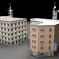 European Style Multi Story Buildings With Stone Brick Exteriors Flat Roofs And Antenna Towers