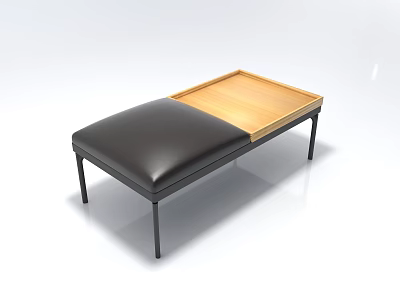 Modern Sofa Bench With Black Leather Cushion Wooden Tray Top And Metal Legs 3d model