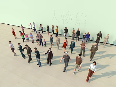 Large group of people walking and standing in various poses with different clothing styles 3d model