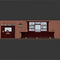 Cartoon Style Bar Scene With Red Curved Counter Wooden Shelves Colorful Bottles And Wooden Floor