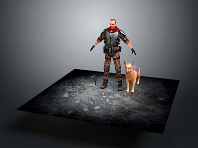 Man Wearing Armor with Red Cape Standing Beside Dog on Rocky Ground Platform 3d model
