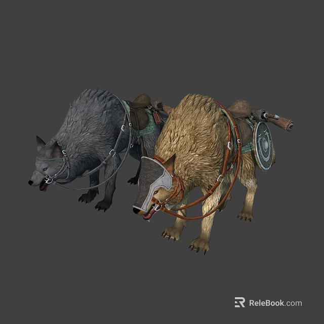 Detailed Fantasy Wolf And Boar Mounts With Saddle Harness And Gear 3d model 