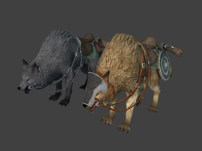 Detailed Fantasy Wolf And Boar Mounts With Saddle Harness And Gear 3d model