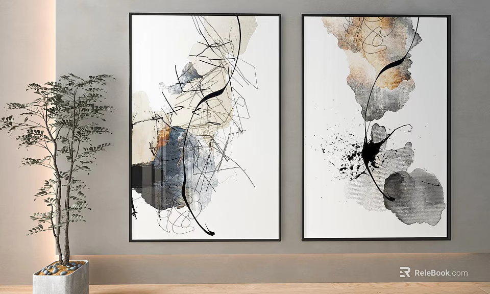 Two Abstract Paintings With Lines Ink Splatters Color Blocks Hanging On Wall And Plant Nearby 3d model 