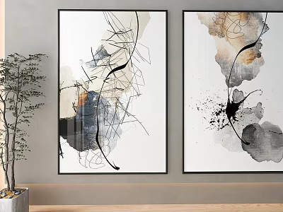 Two Abstract Paintings With Lines Ink Splatters Color Blocks Hanging On Wall And Plant Nearby 3d model