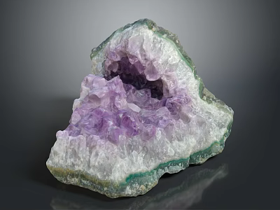 Natural Amethyst Geode Cluster With Purple Crystals And White Green Layers 3d model