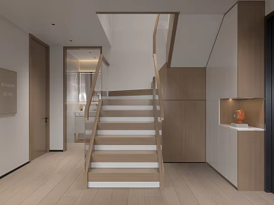 Modern Home Interior Wooden Staircase With White Steps And Wooden Handrail Design 3d model