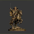 Bronze statue of man riding horse holding sword wearing hat and cloak on wooden base