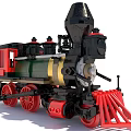 Lego Style Steam Train Model with Black Chimney Red Wheels Green Gold Body And Snowplow