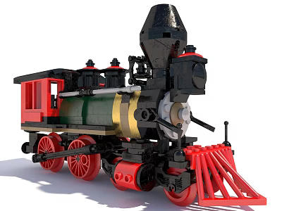 Lego Style Steam Train Model with Black Chimney Red Wheels Green Gold Body And Snowplow 3d model