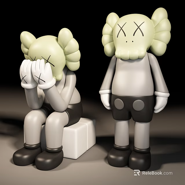 Cartoon Figurines Sitting Covering Face And Standing With Green Curly Hair Gray Body 3d model 