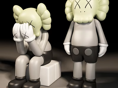 Cartoon Figurines Sitting Covering Face And Standing With Green Curly Hair Gray Body 3d model