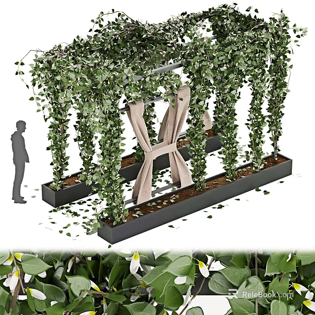 Lush Vertical Living Plant Wall Design With Green Vines And Metal Frame Planters 3d model 