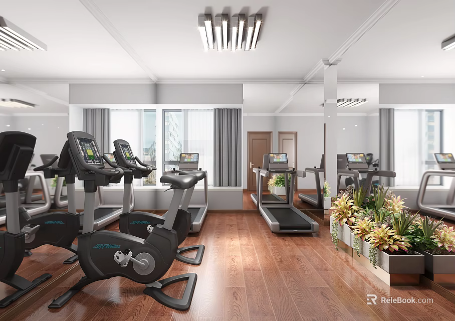 Modern Fitness Gym With Exercise Bikes Treadmills Large Windows Wooden Floors And Green Plants 3d model 