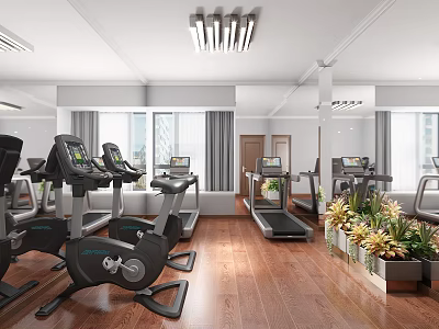 Modern Fitness Gym With Exercise Bikes Treadmills Large Windows Wooden Floors And Green Plants 3d model