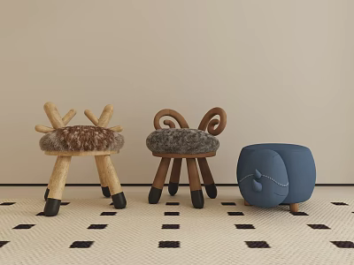 Cute Animal Shaped Children's Chairs With Plush Seats Wooden Legs And Non Slip Pads 3d model