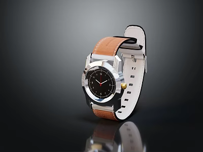 Silver Watch With Brown Leather Strap And Black Dial Classic Design 3d model