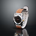 Silver Watch With Brown Leather Strap And Black Dial Classic Design 3d model