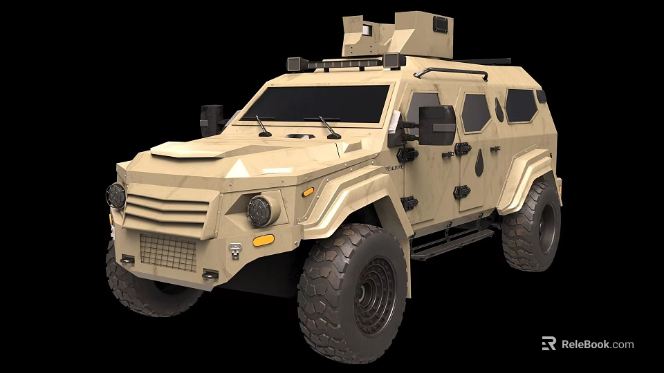 Khaki Armored Utility Vehicle With Large Tires Roof Mounted Equipment And Rugged Design 3d model 