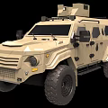 Khaki Armored Utility Vehicle With Large Tires Roof Mounted Equipment And Rugged Design