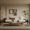Modern Living Room Interior With White Sofa Wooden Coffee Table Artwork And Plant