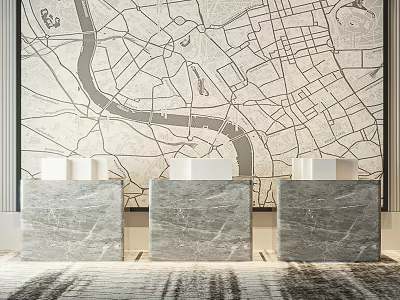 Modern Room Interior With Large Map Wall Art And Marble Counters 3d model