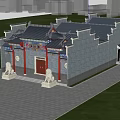 Ancient Chinese Architectural Gate with Traditional Roof Red Door Stone Lions and Trees