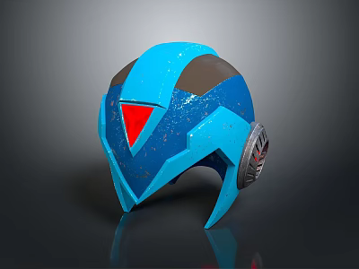 Blue Tactical Weapon Helmet Featuring Red Triangle Weathered Texture And Side Gear Detail 3d model