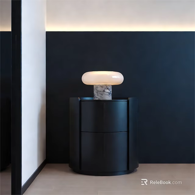 Modern Black Bedside Table With Marble Base Lamp And White Lampshade 3d model 
