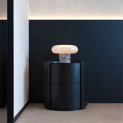 Modern Black Bedside Table With Marble Base Lamp And White Lampshade 3d model