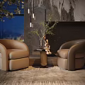 Modern Beige Single Sofa Pair with Small Table Green Plant and Night View 3d model