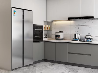 Modern Kitchen Interior With Silver Double door Refrigerator Gray Cabinets Marble Countertop And Built in Oven 3d model