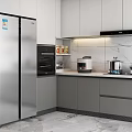 Modern Kitchen Interior With Silver Double door Refrigerator Gray Cabinets Marble Countertop And Built in Oven