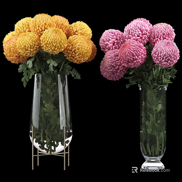 Transparent Glass Vases with Yellow Pink Chrysanthemums and Green Leaves on Black Background 3d model 