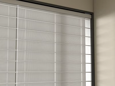 Contemporary White Venetian Blinds with Slatted Design Covering Window Allowing Natural Light 3d model