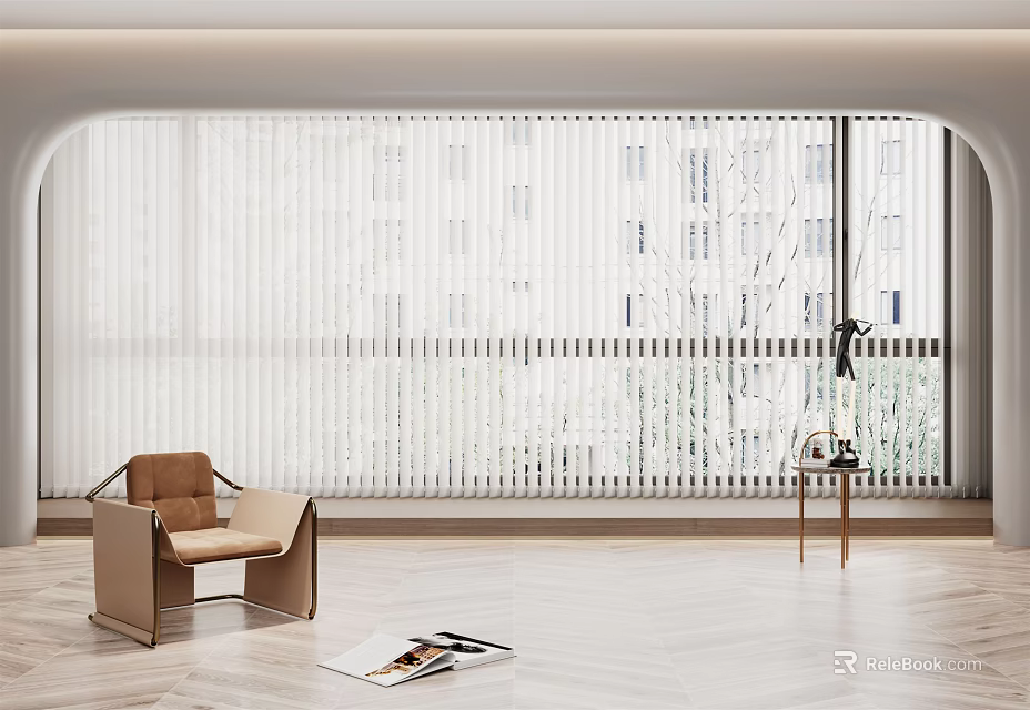 Window Blinds In Modern Room Interior With Wooden Floor Accent Chair And Side Table 3d model 