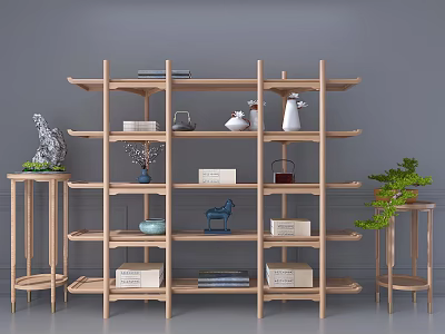 Wooden Multi Tiered Shelving Unit With Decorative Items Storage Boxes And Small Plants 3d model