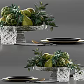 Elegant Tableware Set with Black Gold Rim Plates Utensils Clear Glass Cups Fruits and Greenery