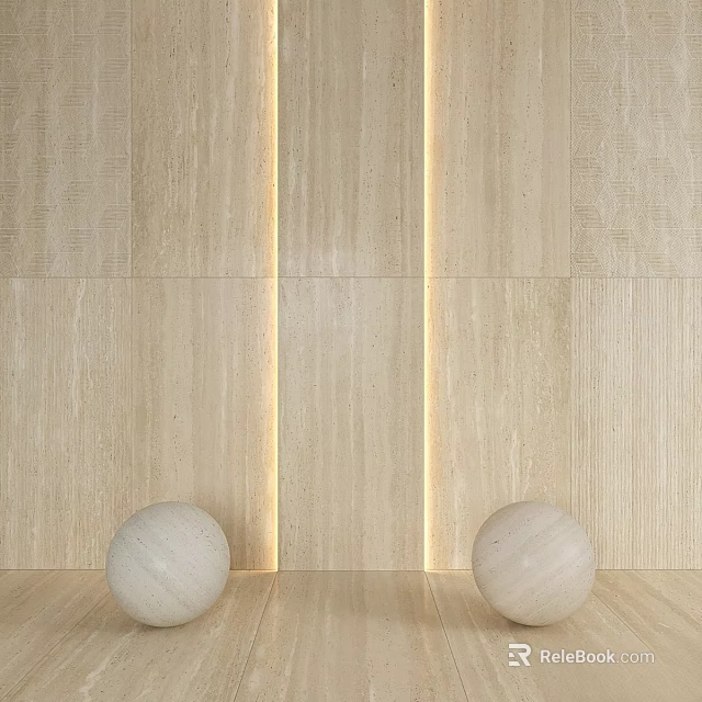 Decorative Circular Spherical Components On Light Stone Wall With Vertical Light Strips 3d model