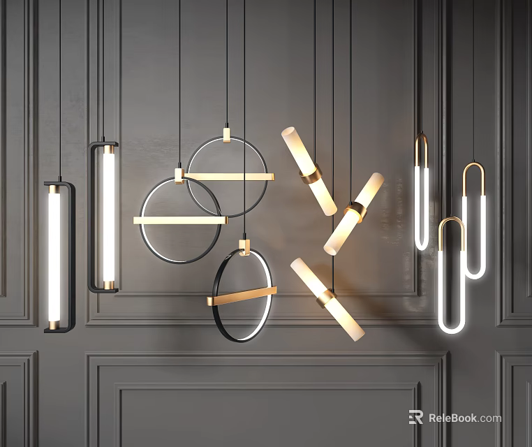 Modern Pendant Lights with Circular Linear Designs Metallic Frames and Glass Shades 3d model 