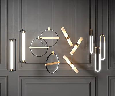 Modern Pendant Lights with Circular Linear Designs Metallic Frames and Glass Shades 3d model