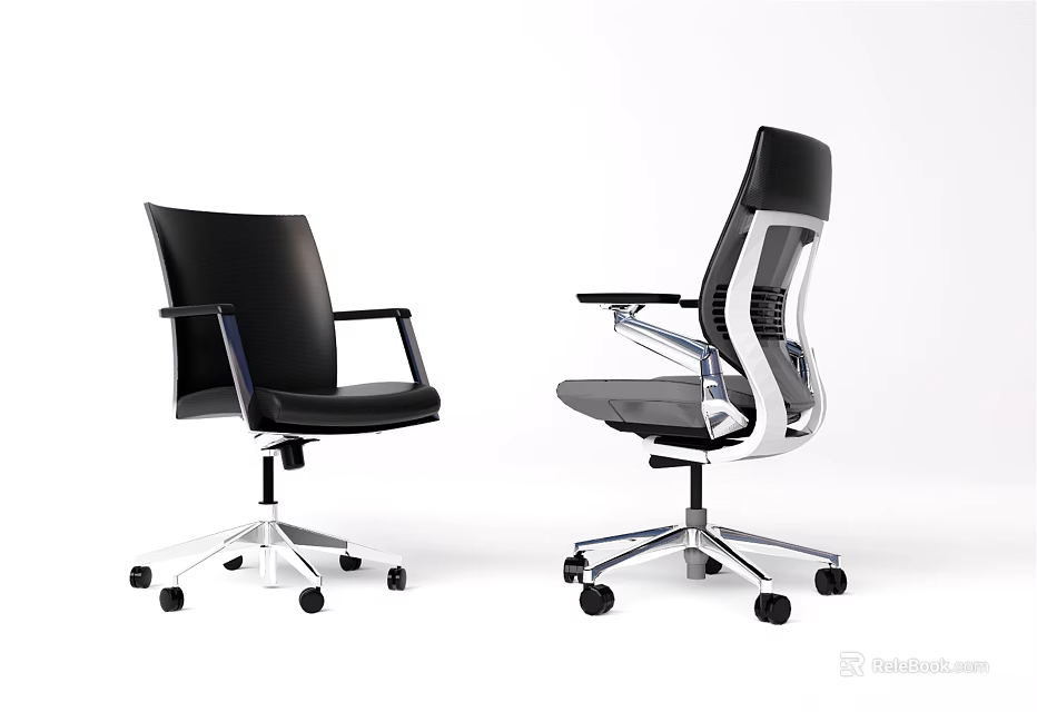 Modern Office Chairs With Leather And Mesh Back Design Armrests Metal Base Casters 3d model 