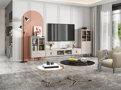 Stylish Modern TV Stand With Open Storage And Decorative Items In Living Room 3d model